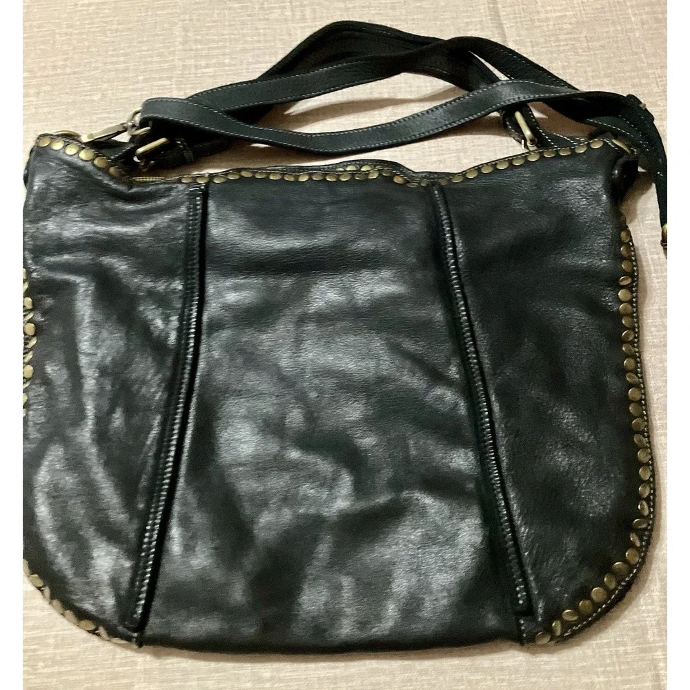 Bolsa Nova Anna Hobo Italian Black Washed Supple Leather Studded Shoulder Bag